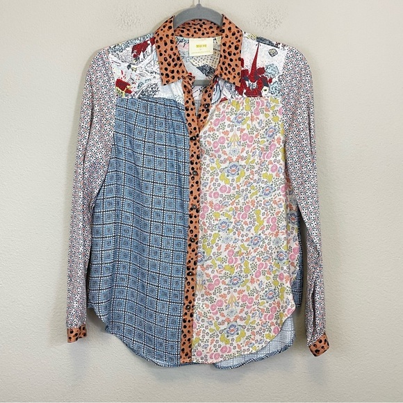 Anthropologie Maeve Mixed Print Button Down Blouse Patchwork Size XS - Picture 2 of 9